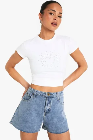 Boohoo Womens Heart Hotfix Printed Baby T-shirt - - 10