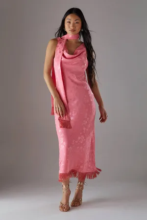 warehouse Womens Petite Satin Jacquard Cowl Scarf Neck Fringe Midi Slip Dress - - 12