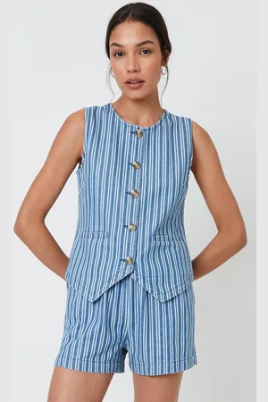 Threadbare Womens Striped Crew Neck Denim Waistcoat - - 14