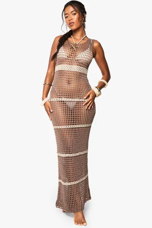 Boohoo Womens Petite Beach Crochet Super Soft Stripe Maxi Dress - - L