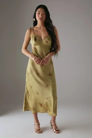 warehouse Womens Petite Rose Satin Tie Strap Lace Detail Midi Slip Dress - - 10