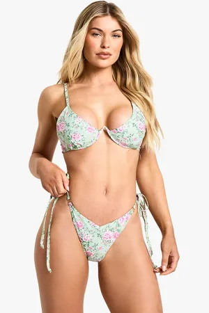 Boohoo Womens Ditsy Floral Print Underwired Bikini Top & Tie Side Bikini Bottoms Set - - 16
