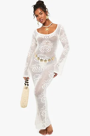 Boohoo Womens Long Sleeve Crochet Beach Dress - - XS