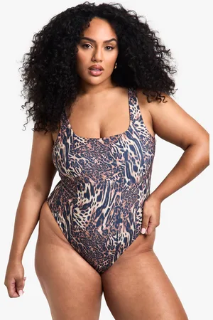 Boohoo Womens Plus Swimwear Essentials Leopard Scoop Neck Swimsuit - - 22