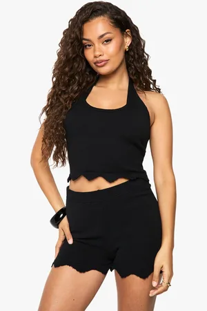 Boohoo Womens Halter Neck Beach Knit Scallop Edge Top And Short - - XS