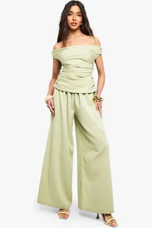 Boohoo Womens Linen Look Bardot Wide Leg Jumpsuit - - 16