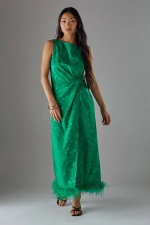 warehouse Womens Petite Satin Jacquard Feather Twist Front Cowl Back Midi Dress - - 8