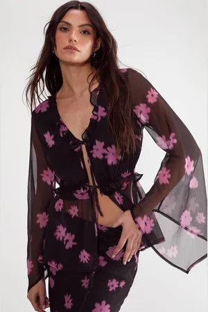 NASTY GAL Womens Ditsy Chiffon Ruffle Tie Front Fluted Sleeve Top - - 12