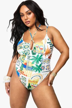 Boohoo Womens Plus Postcard Print Tie Front Swimsuit - - 20