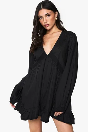 Boohoo Womens Cotton Lace Trim Long Sleeve Smock Dress - - 16