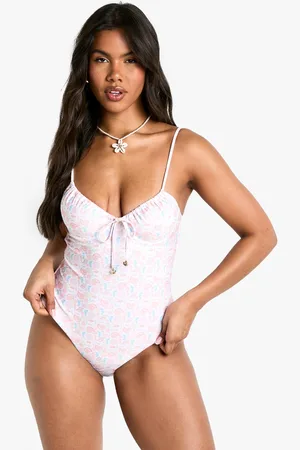 Boohoo Womens Shell Print Pearl Trim Underwire Swimsuit - - 12