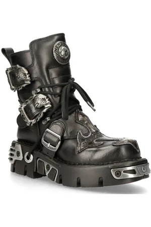 New Rock Silver Cross Leather Biker Boots-407-S1 - - 8