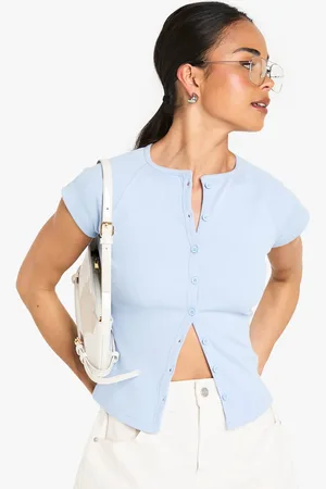 Boohoo Womens Rib Button Through Cap Sleeve Top - - 6