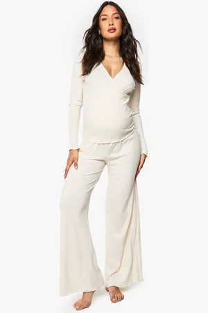 Boohoo Womens Maternity Brushed Rib Wrap Lettuce Hem Top & Trouser Lounge Set - - 14