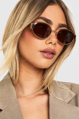 Boohoo Womens Gold Retro Oval Shape Sunglasses - - One Size