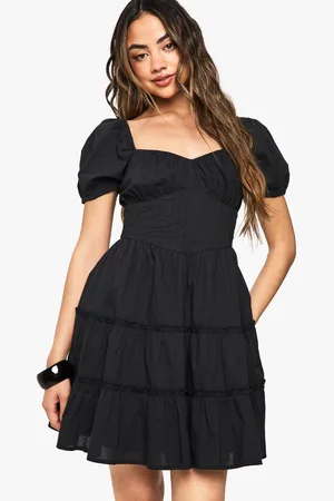Boohoo Womens Cotton Tiered Puff Sleeve Smock Mini Dress - - XS