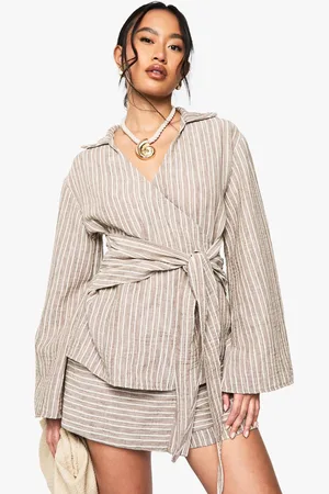 Boohoo Womens Linen Look Striped Wrap Tie Blouse - - 14