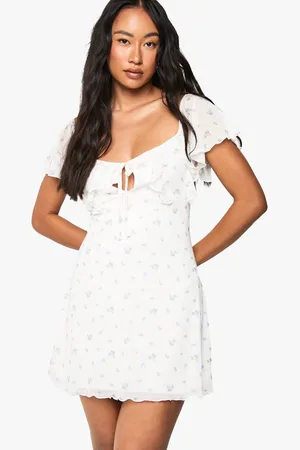 Boohoo Womens Ditsy Floral Mesh Angel Sleeve Tie Front Mini Dress - - 14