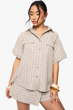 Boohoo Womens Woven Linen Look Striped Short Sleeve Shirt - - 14