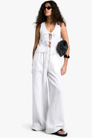 Boohoo Womens Cheesecloth Elasticated Waist Wide Leg Trousers - - 16