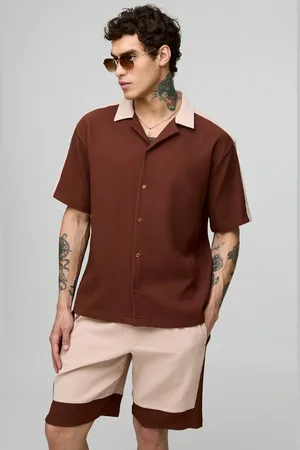 Boohoo Oversized Pleated Short Sleeve Panel Shirt & Short Set - - M