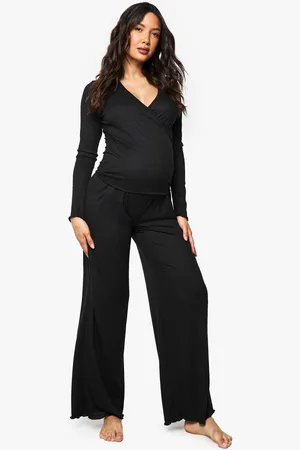 Boohoo Womens Maternity Brushed Rib Wrap Lettuce Hem Top & Trouser Lounge Set - - 10
