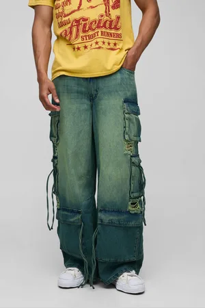 Boohoo Super Baggy Rigid Ripped Multi Pocket Cargo Strap Denim Jeans - - 36R