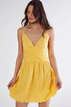 NASTY GAL Womens Cotton Ruched Button Broderie Hem Strappy Mini Dress - - 16