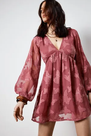 NASTY GAL Womens Jacquard Plunge Balloon Sleeve Tie Back Mini Tunic Dress - - 18