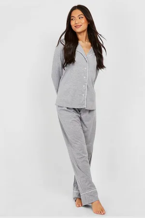 Boohoo Womens Piping Detail Jersey Long Sleeve Shirt & Trousers Pyjama Set - - 14