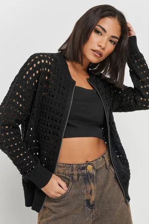 PixieGirl Womens Petite Crochet Knit Bomber Jacket - - 12-14