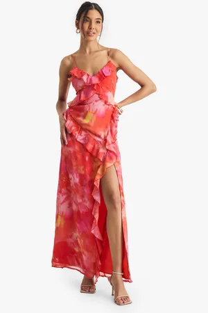 Boohoo Womens Floral Crinkle Chiffon Ruffle Maxi Dress - - 18