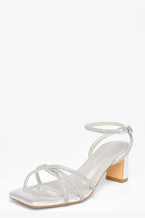 Quiz Womens Silver Wide Fit Diamante Strap Block Heels - - 3