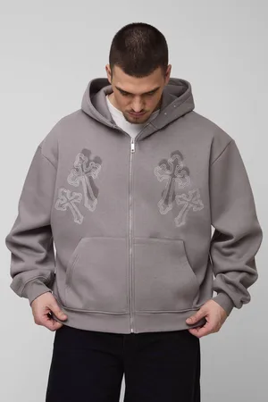 Boohoo Tall Oversized Boxy Cross Embroidered Zip Through Hoodie - - M