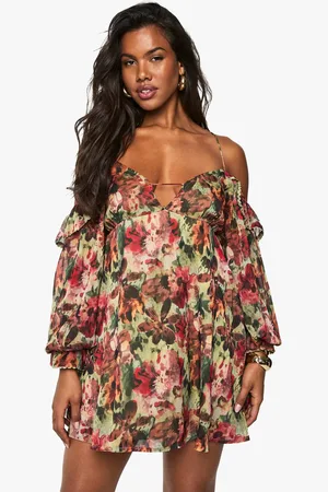Boohoo Womens Floral Printed Chiffon Cold Shoulder Layered Mini Dress - - 10