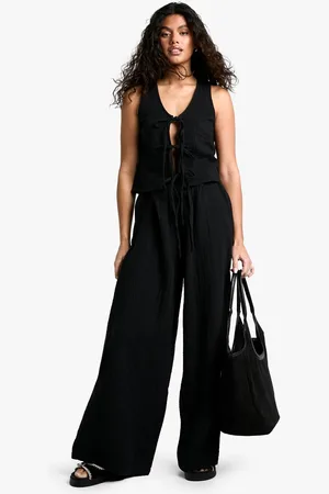 Boohoo Womens Cheesecloth Elasticated Waist Wide Leg Trousers - - 14