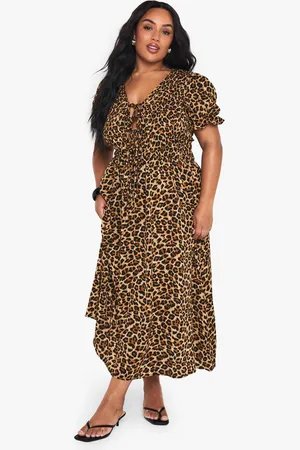 Boohoo Womens Plus Leopard Shirred Smock Midaxi Dress - - 16