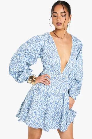 Boohoo Womens Printed Linen Look Plunge Long Sleeve Mini Dress - - 14