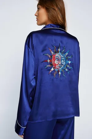 NASTY GAL Womens Embroidered Sun & Moon Shirt & Trouser Pj Set - - 8