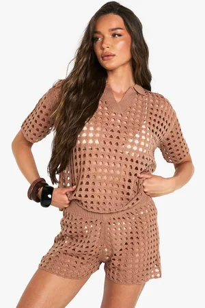 Boohoo Womens Crochet Oversized Shirt and Knitted Short Set - - M