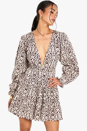 Boohoo Womens Printed Linen Look Plunge Long Sleeve Mini Dress - - 12
