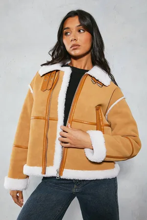 MissPap Womens Textured Leather Look Panelled Aviator Coat - - 10