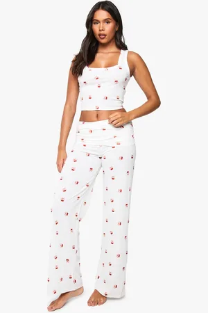 Boohoo Womens Cherry Print Soft Rib Vest Top & Trousers Pyjama Set - - 16