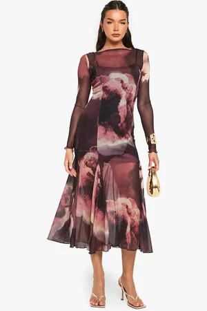 Boohoo Womens Slash Neck Floral Mesh Print Godet Hem Midaxi Dress - - 16