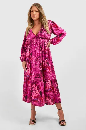 Boohoo Womens Plus Woven Floral Print Long Sleeve V Neck Midaxi Dress - - 28