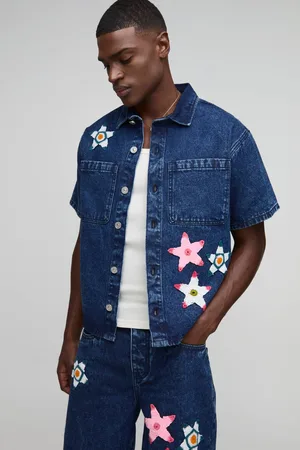 Boohoo Boxy Revere Star Crochet Applique Denim Shirt - - M