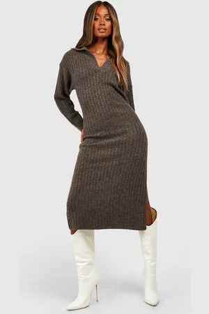 Boohoo Womens Wide Rib Knit Collared Soft Jumper Dress - - M