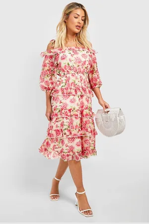 Boohoo Womens Chiffon Ruffle Floral Midi Dress - - 10