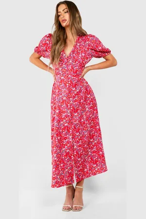 Boohoo Womens Floral Puff Sleeve Button Through Midi Dress - - 12