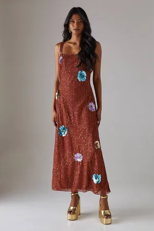warehouse Womens Hand Embellished Flower Burst Strappy Sequin Slip Midi Dress - - 16